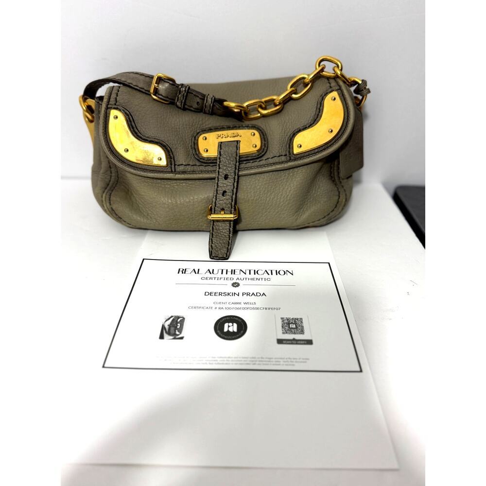 Vintage PRADA Handbag Womens Gray Deerskin Leather Cervo Flap Gold Accent COA - Picture 2 of 16